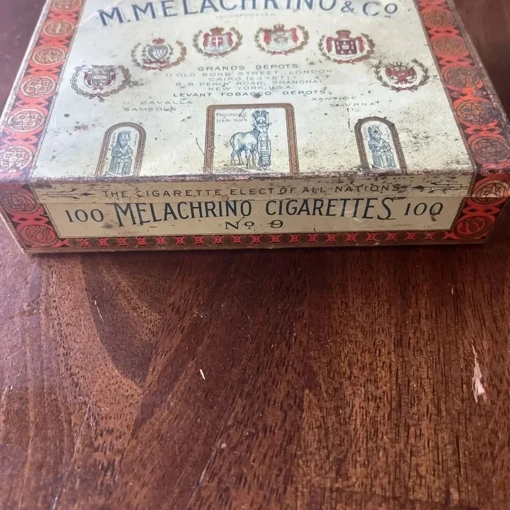 Antique M Melachrino Co No 9 Egyptian Cigarette Tin Old Vintage Tobacco Box Case